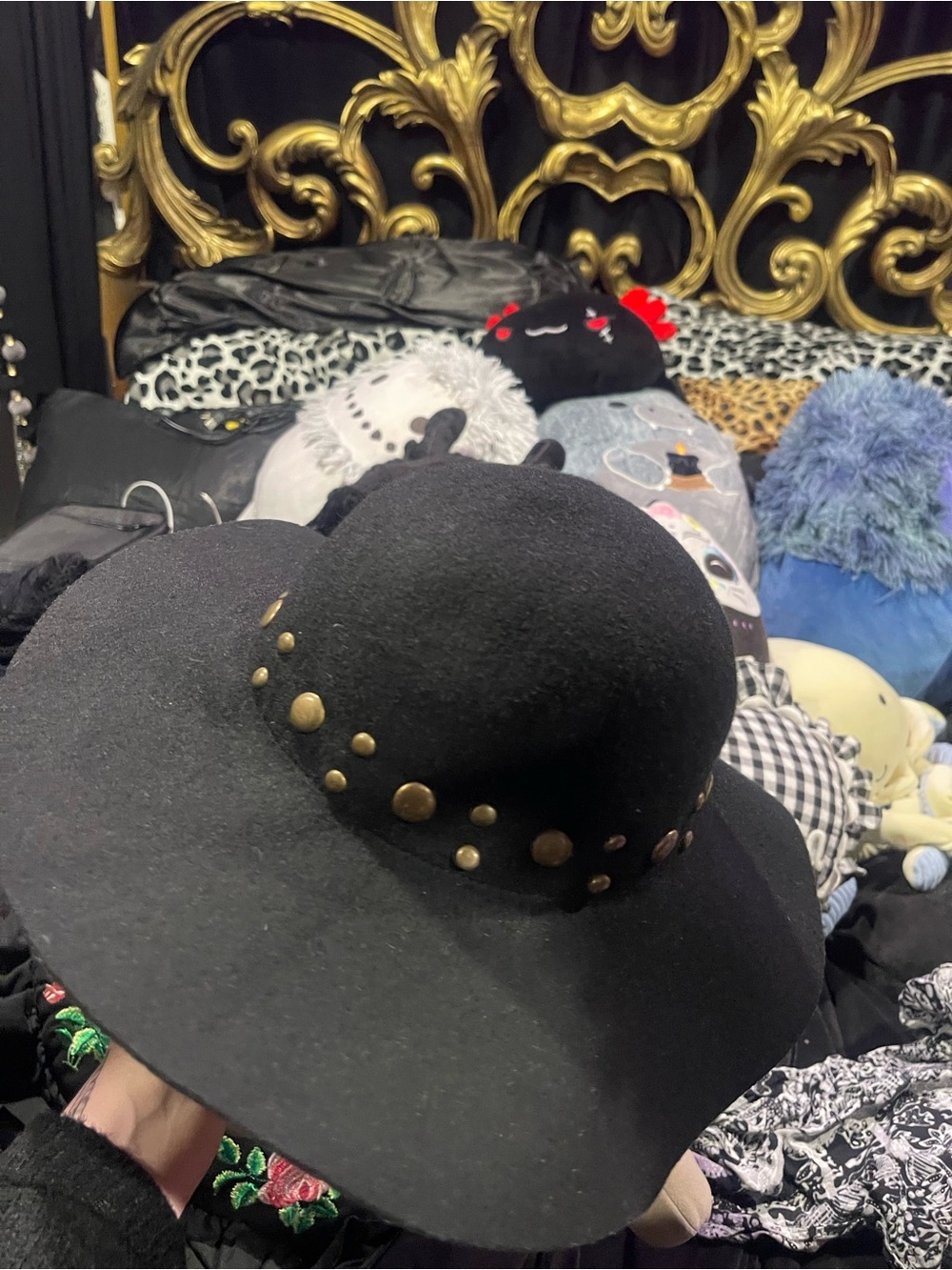 Black Studded Wide-Brim Wool hat - Unbranded